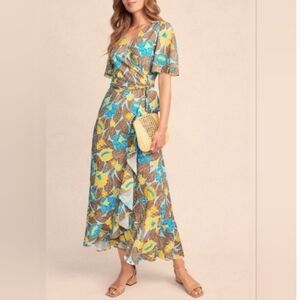 J. McLaughlin Blue and Brown Yellow Floral Audetre Wrap Maxi Dress Sz M